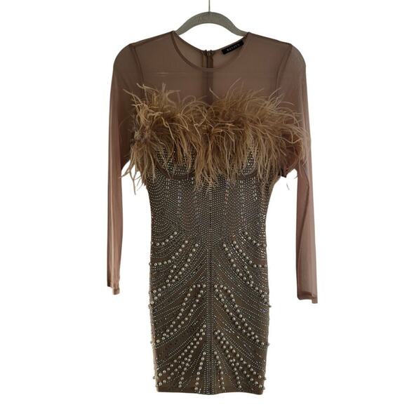 NWT Mesh Embellished Feather Bodycon MINI Dress Sz small - Picture 4 of 8